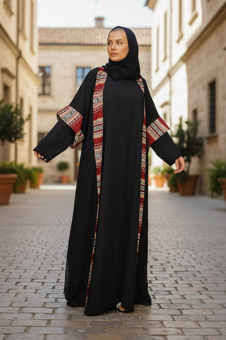 Lamsat Turath – 2-Piece Abaya with Traditional Red Trim