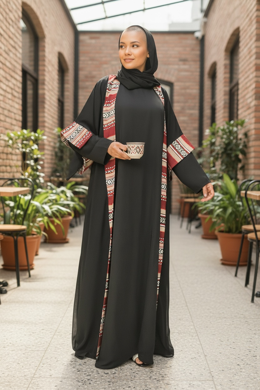Lamsat Turath – 2-Piece Abaya with Traditional Red Trim